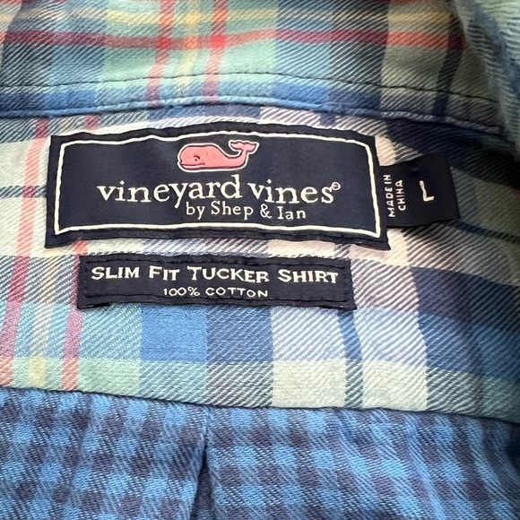 Vineyard, vines,large Tucker, slim fit plaid flannel shirt, blue, and pink - Picture 3 of 5